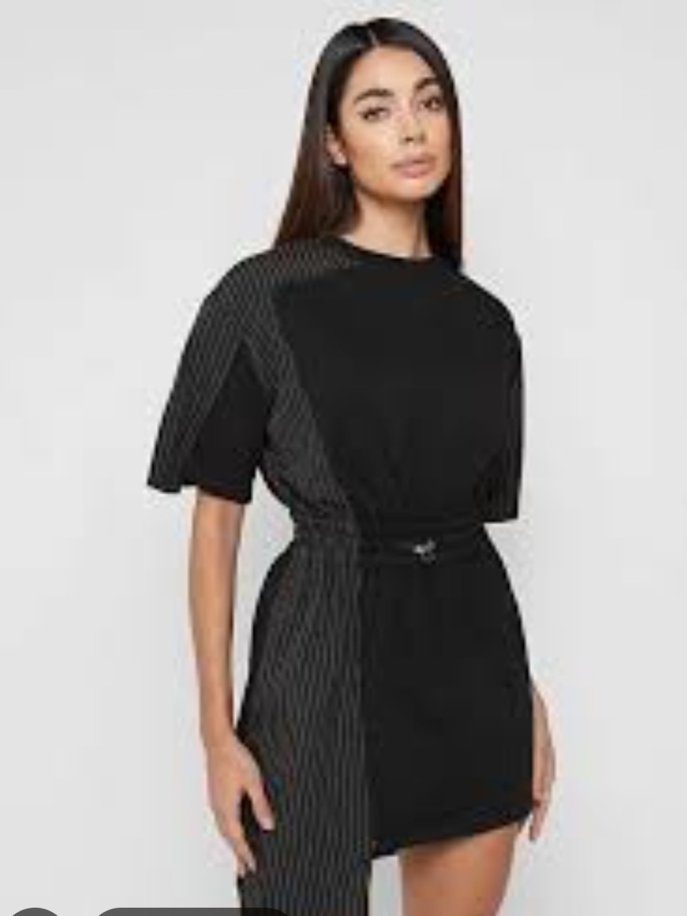 Maniere De Voir Black Pinstripe Paneled Tee Mini Dress